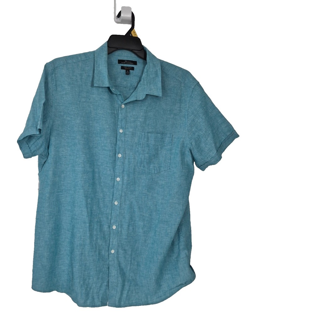Marc‎ Anthony Shirt Mens XL Teal Blue Linen Blend Slim Fit Short Sleeve